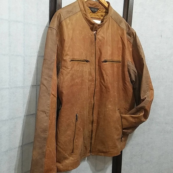 VTG Excelled Tan Genuine leather bomber jacket Distressed Zipper Pockets mens XL - Picture 2 of 12